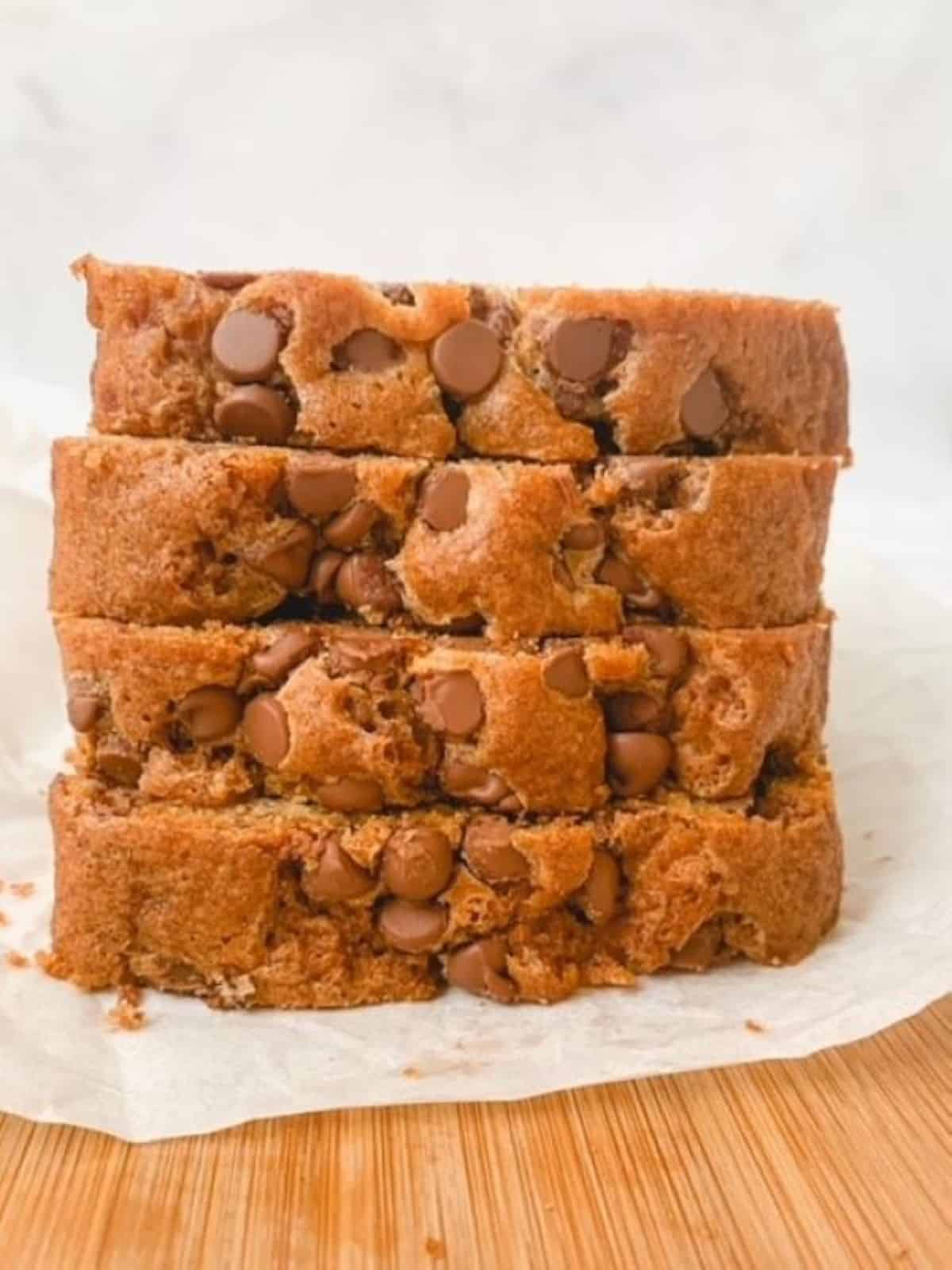 slices of gluten free chocolate chip banana bread stacked on top of each other.