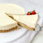 gluten free vanilla cheesecake being sliced