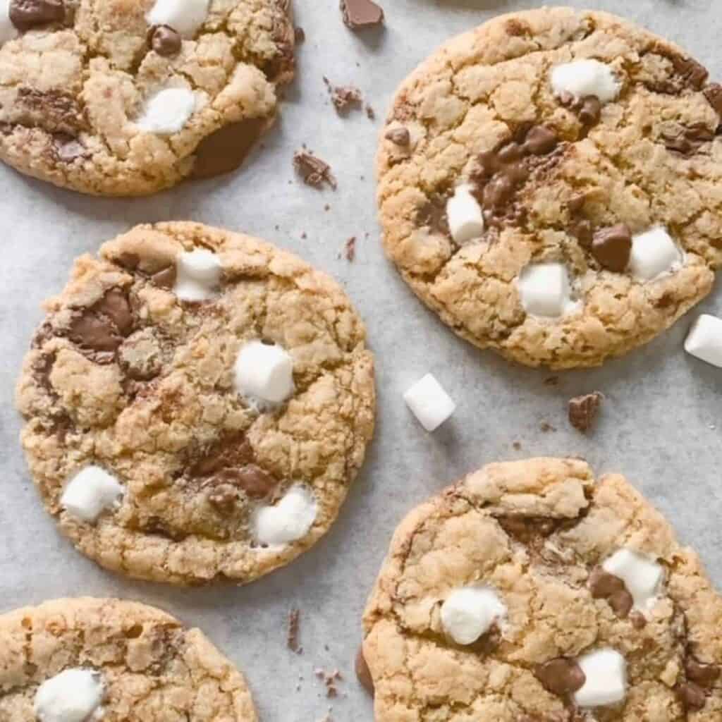 4 gluten free s mores cookies on a baking try surrounded by mini marshmallows and melted chocolate