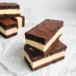 Two gluten free brownie ice cream sandwiches stacked together on a white background.