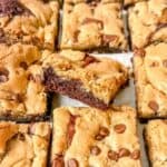 Close up of sliced gluten free brookies with the middle bar resting on top of the others.