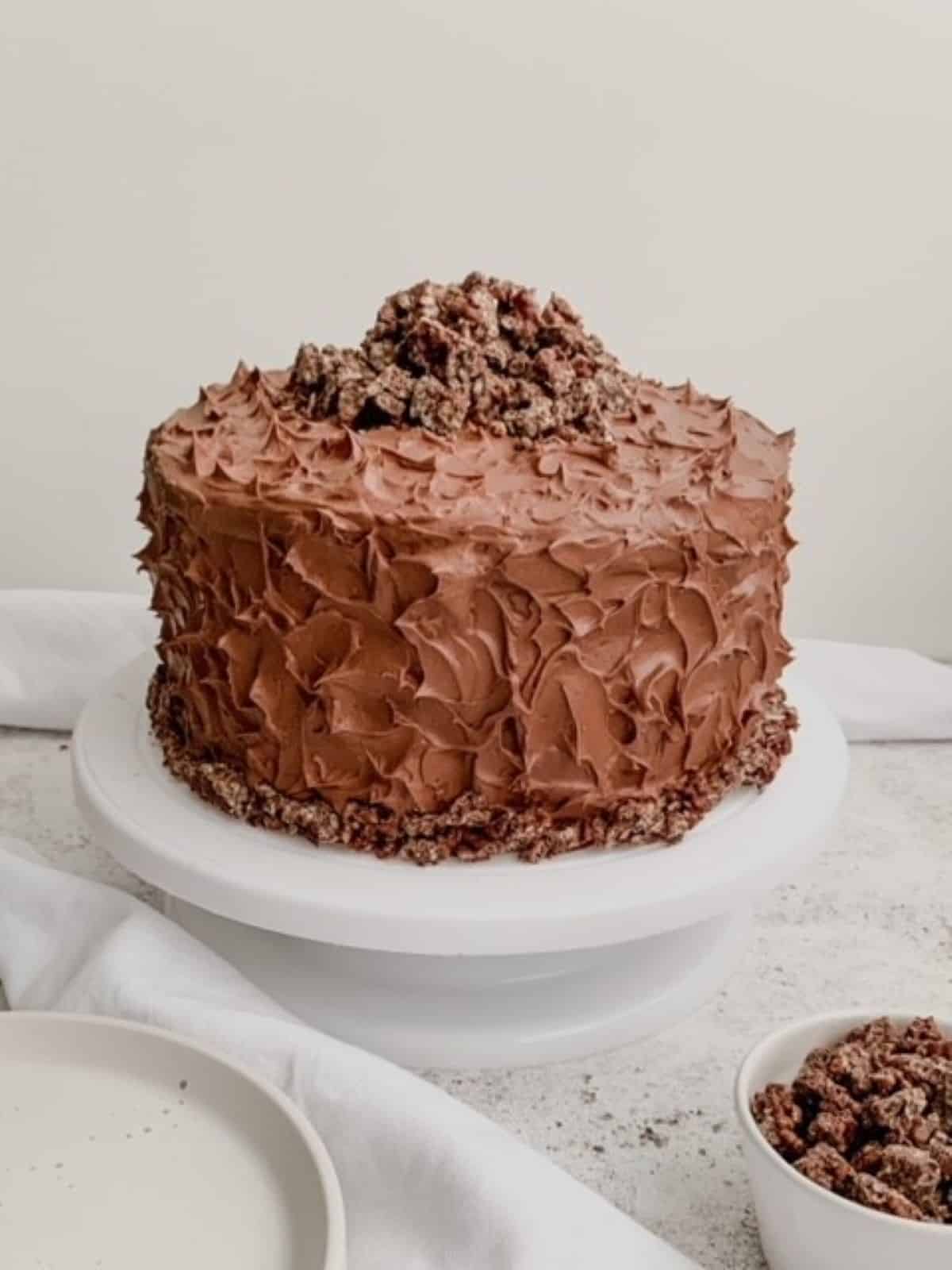 Chocolate layer cake with chocolate frosting on a cake stand.