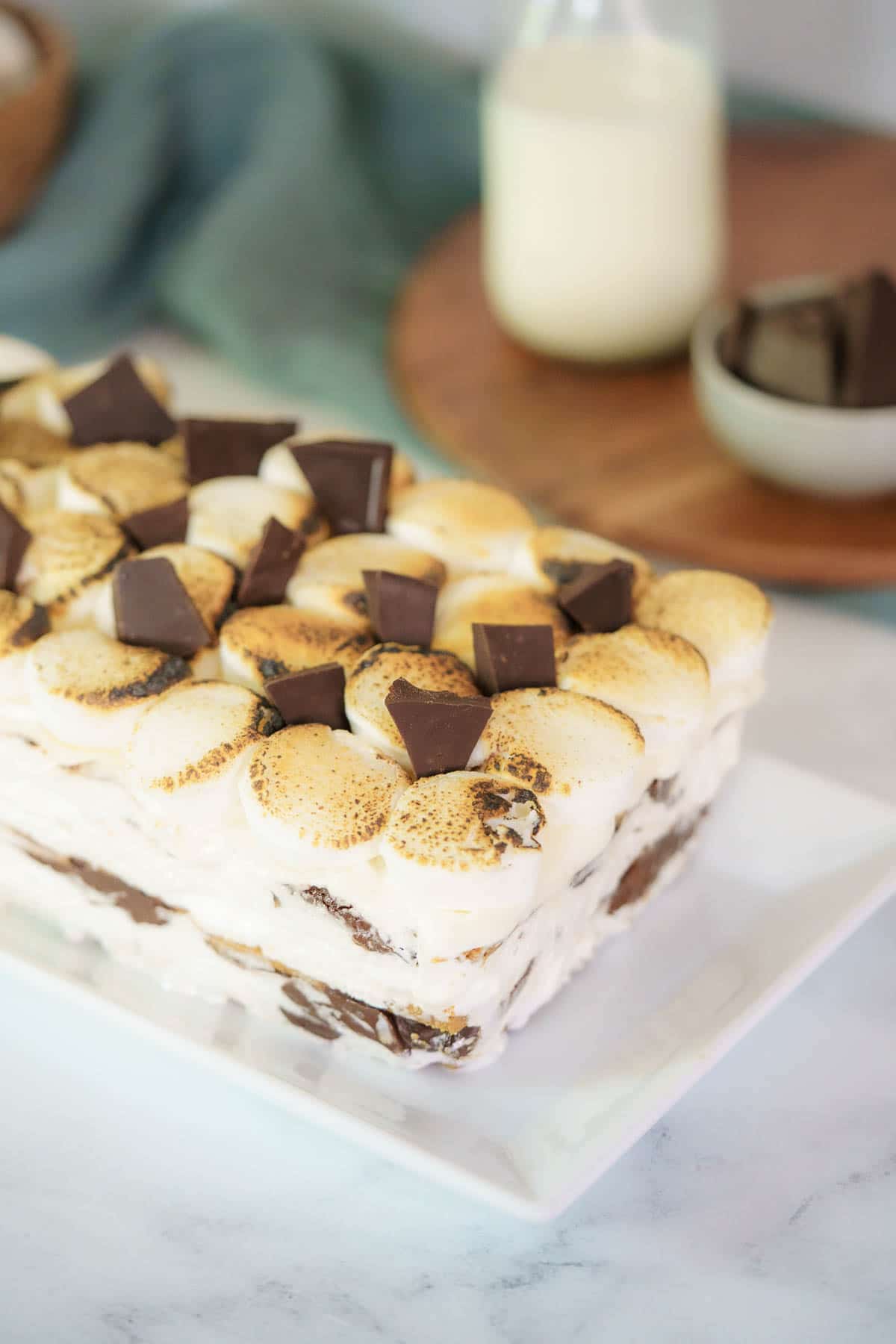 S'mores icebox cake on a white plate.