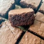 Gluten free chocolate brownies sliced into squares.