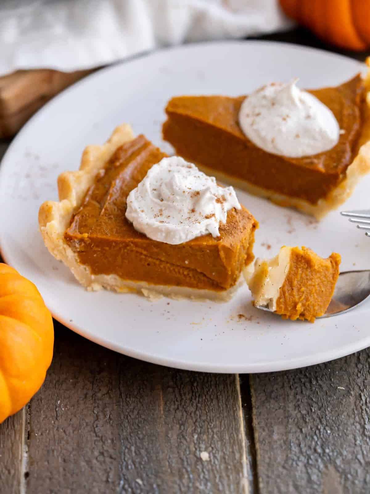 Two slices of gluten free vegan pumpkin pie on a white plate with a fork.