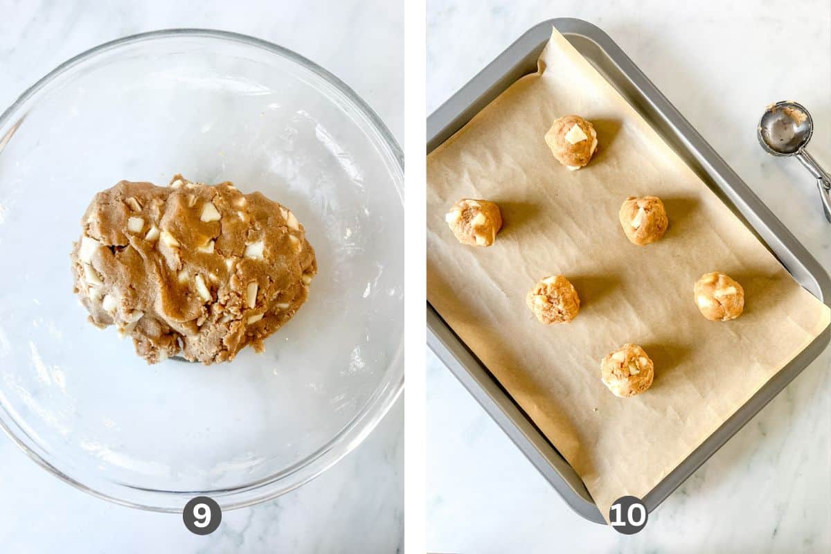 Cookie dough balls on a baking sheet.