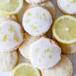 Gluten free lemon shortbread cookies on a white background.