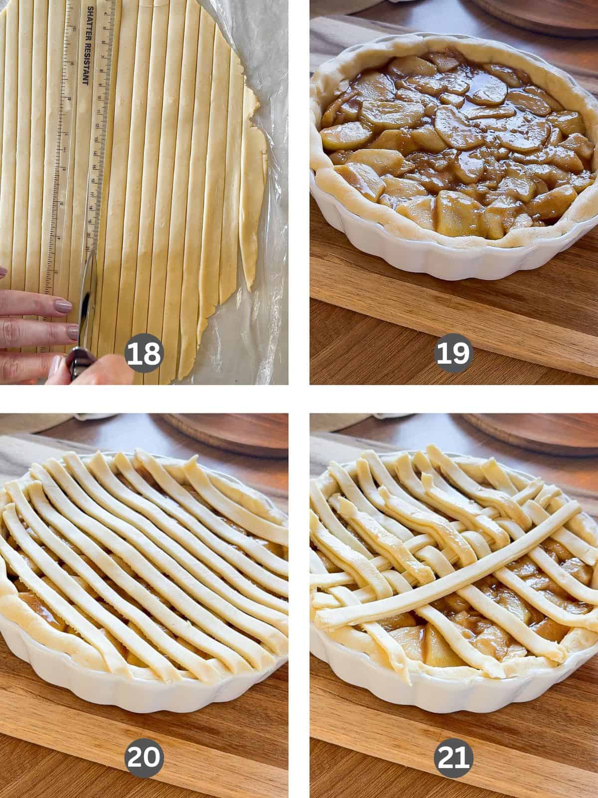 Four images of making a lattice top for apple pie.
