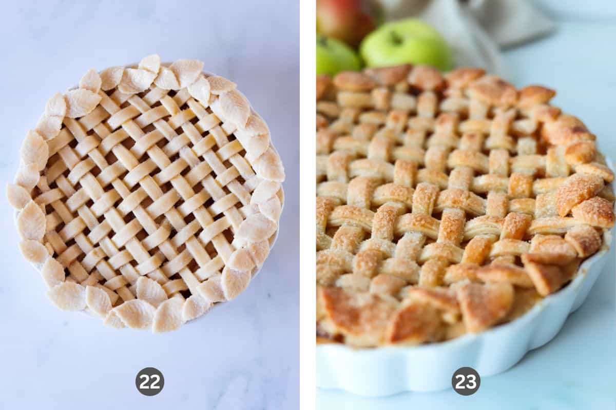 Two images side by side, one of an unbaked gluten-free apple pie and the other of the baked apple pie.