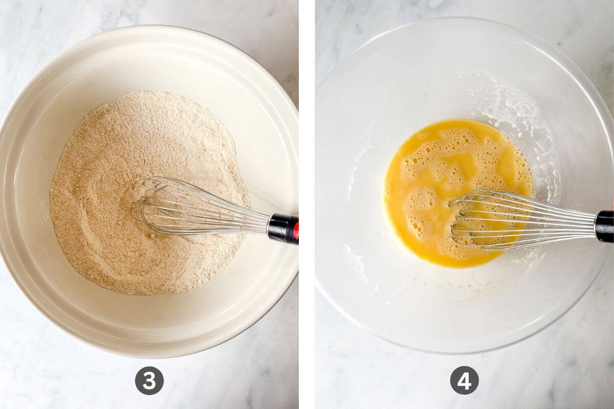 Side by side images, one of dry ingredients in a bowl and the other of wet ingredients in a bowl.