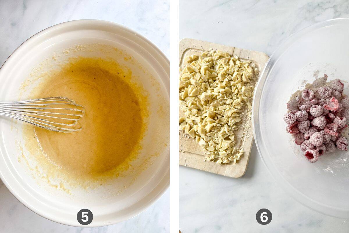 Gluten free muffin batter in a white bowl beside chopped white chocolate and raspberries.