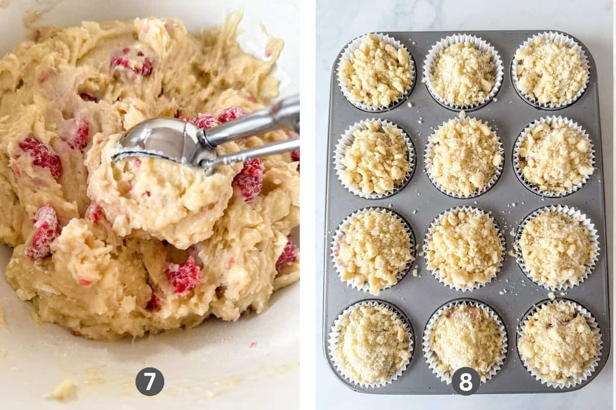 Gluten free raspberry muffin batter in a muffin pan topped with streusel topping.