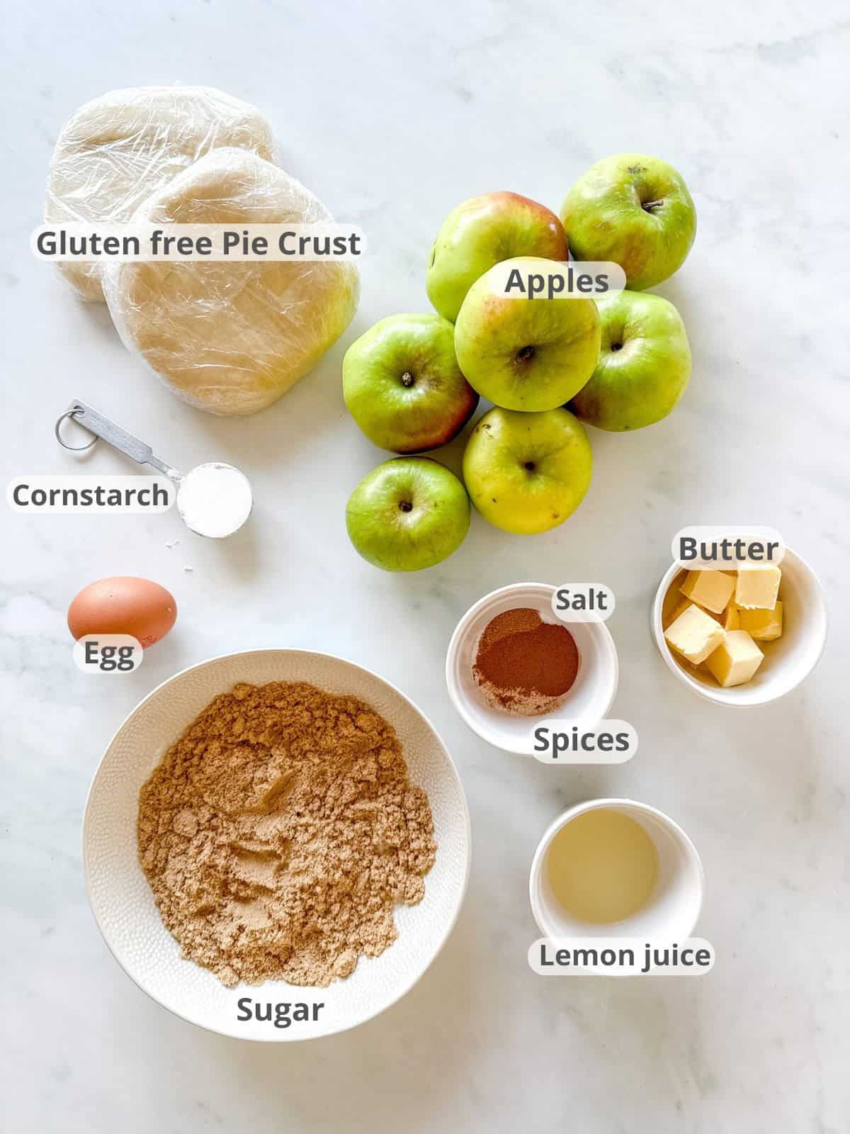 Labeled ingredients for gluten free apple pie.