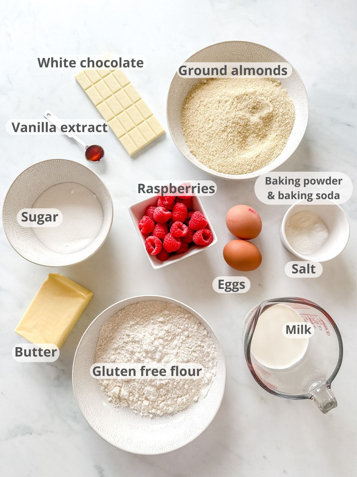 labeled ingredients for gluten free raspberry muffins.