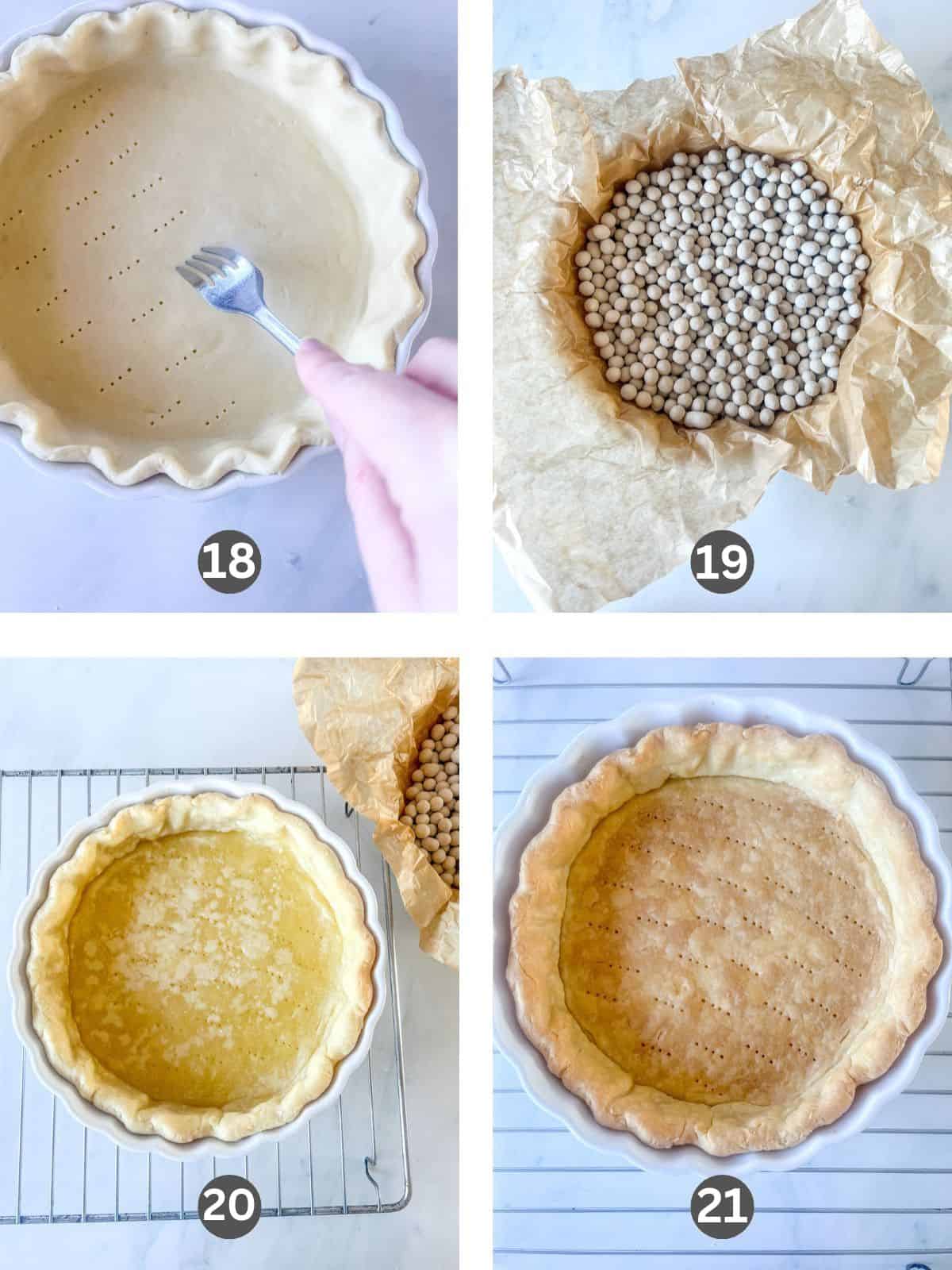 Four images of blind baking pie crust.
