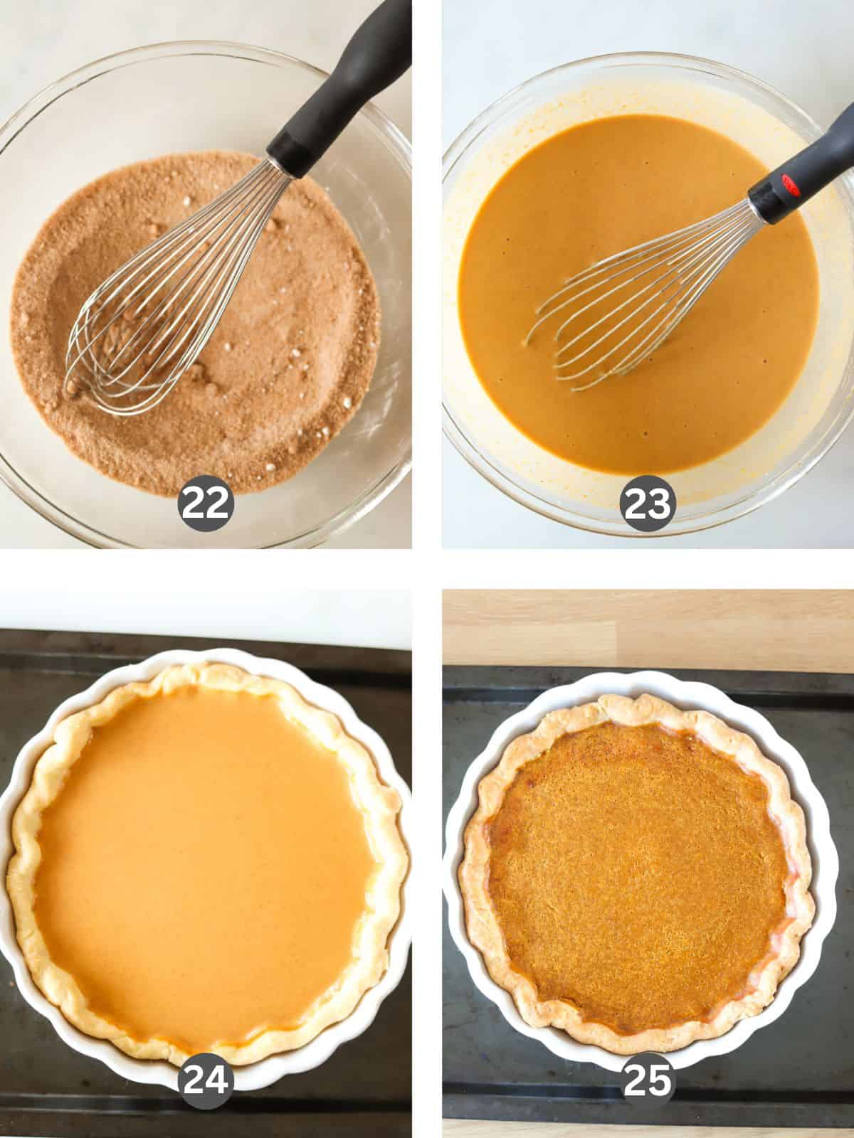 Four images of making pumpkin pie filling.