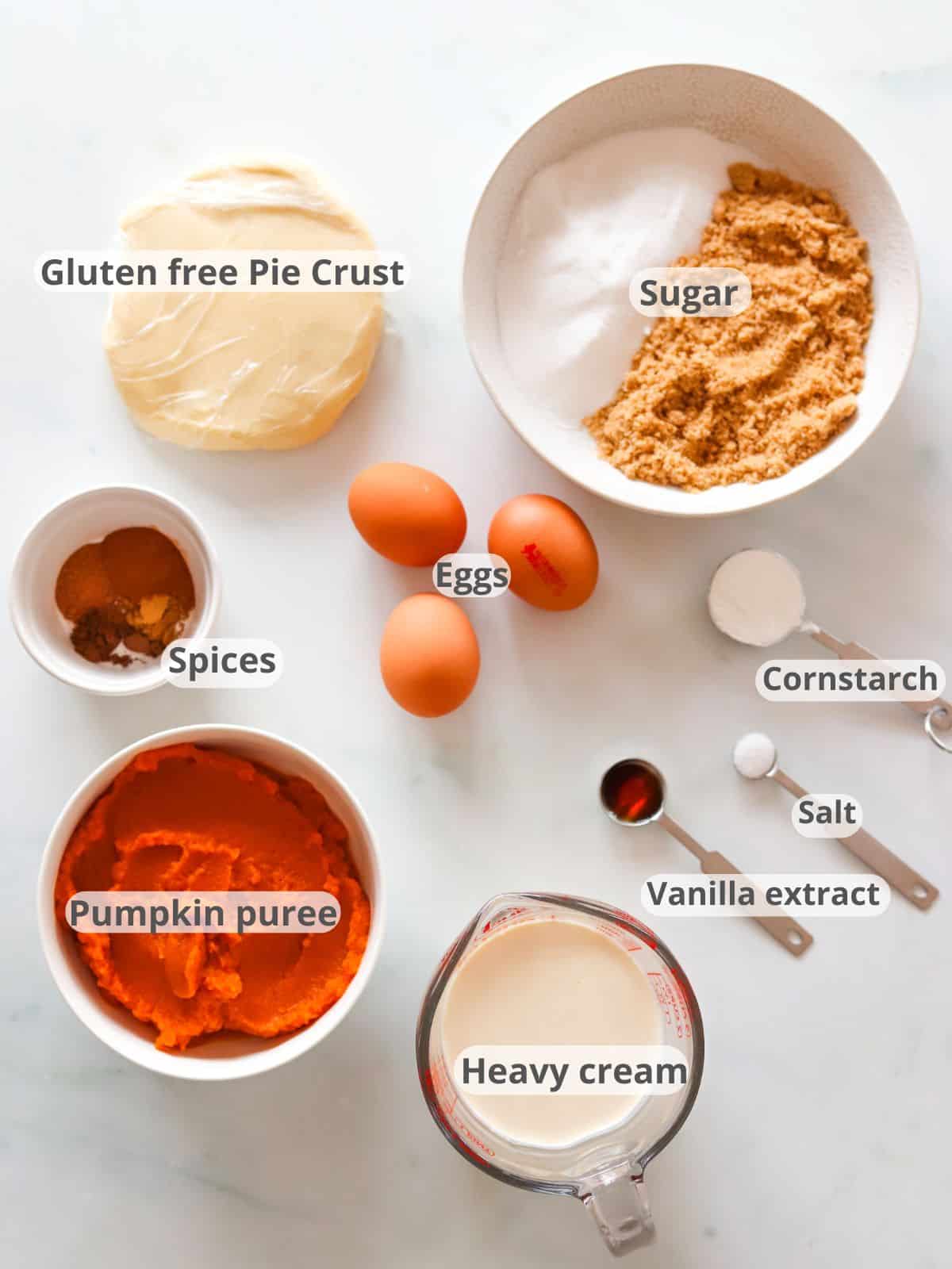 Labeled ingredients for gluten free pumpkin pie.