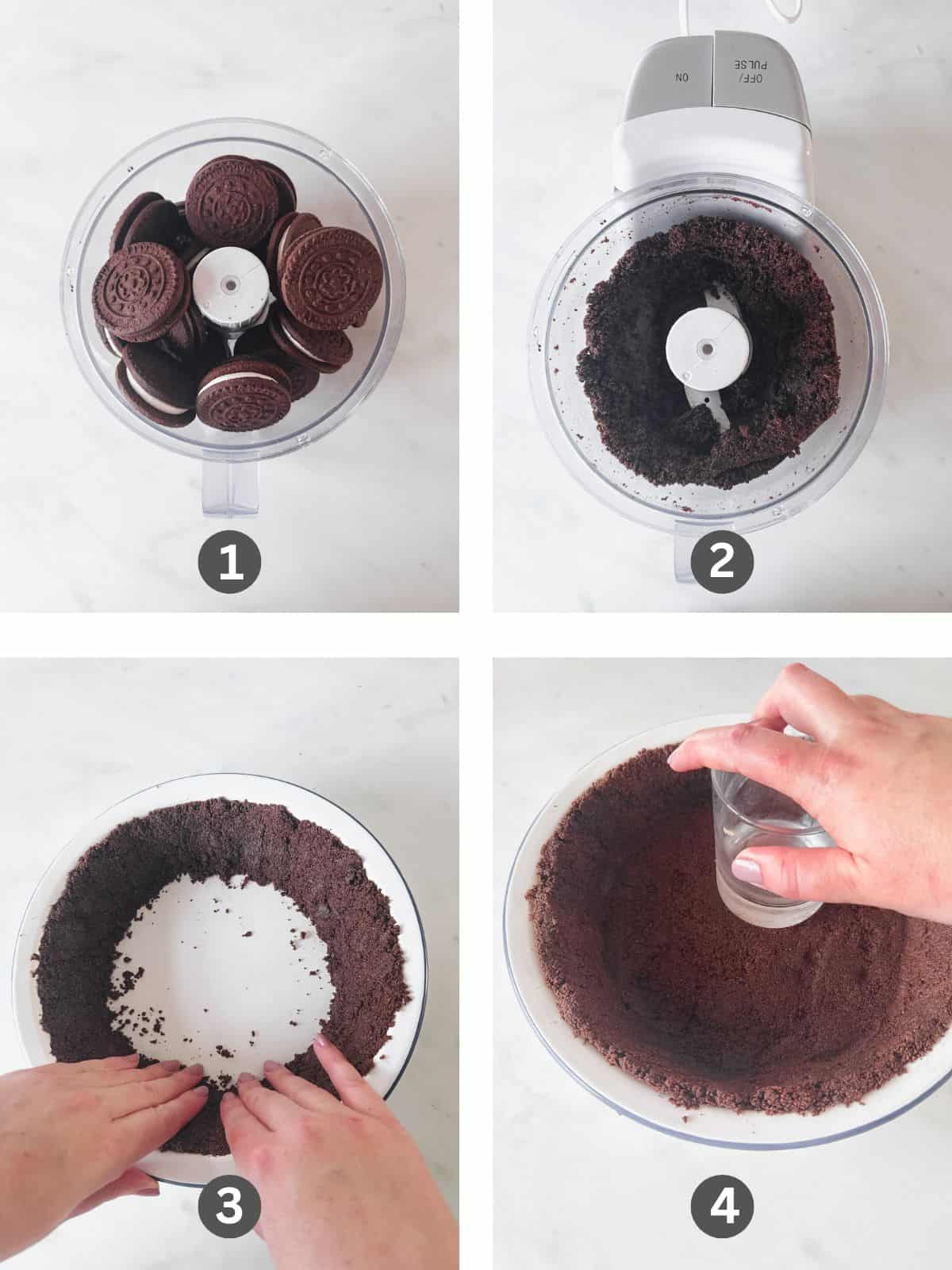Four images of making an Oreo pie crust.
