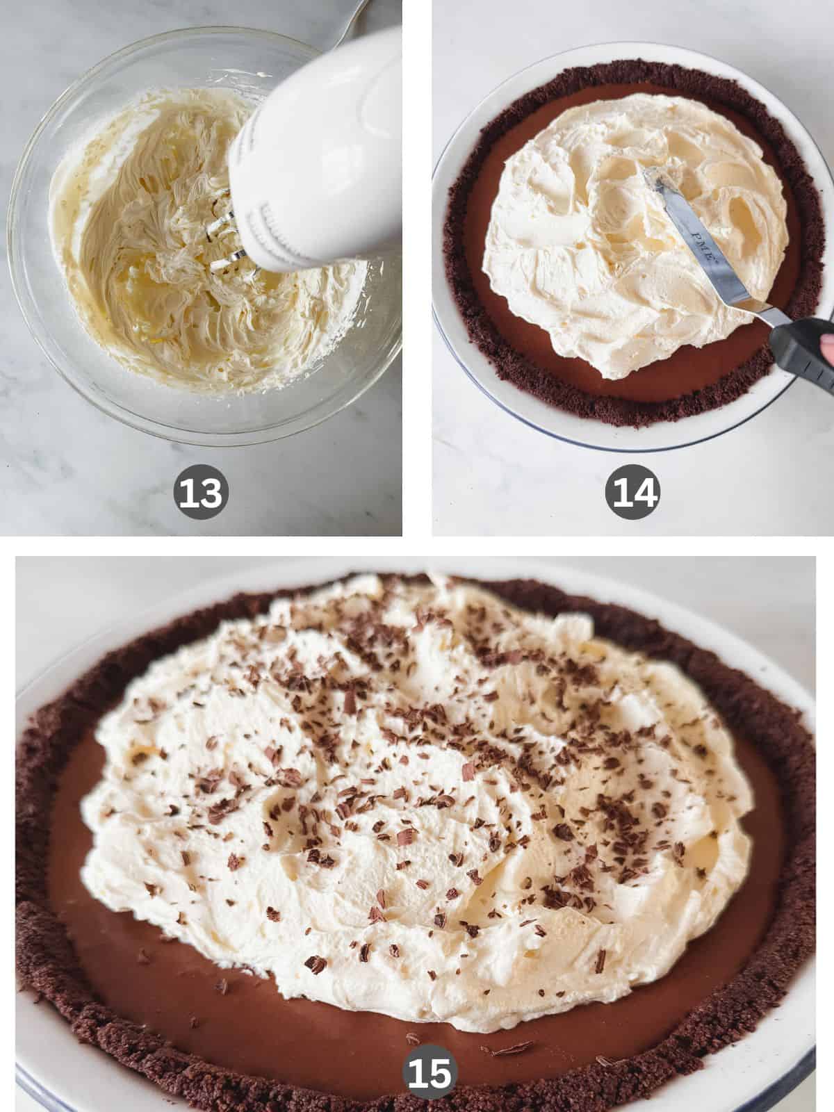 Three images of making whipped cream and adding it to the top of the chocolate silk pie.