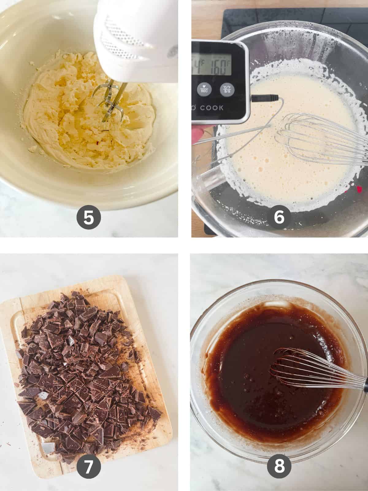 Four images of making the filling for chocolate silk pie recipe.