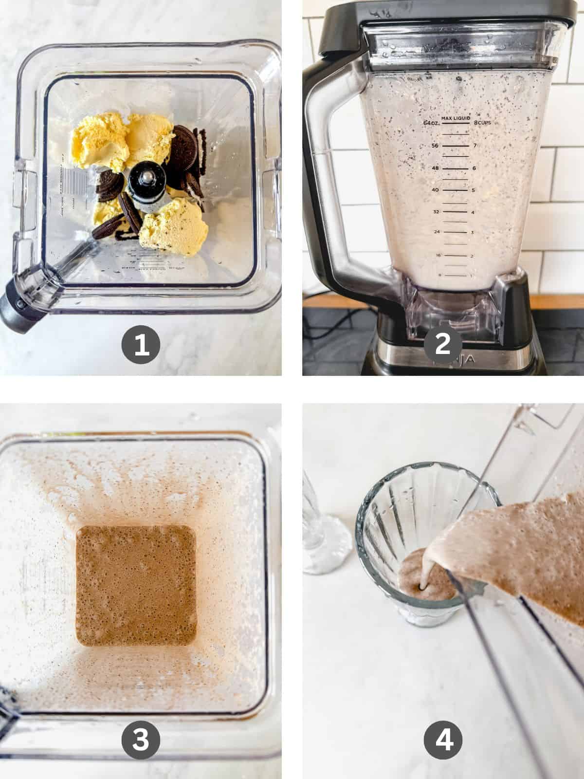 Four images of how to make cookies n cream milkshake recipe.