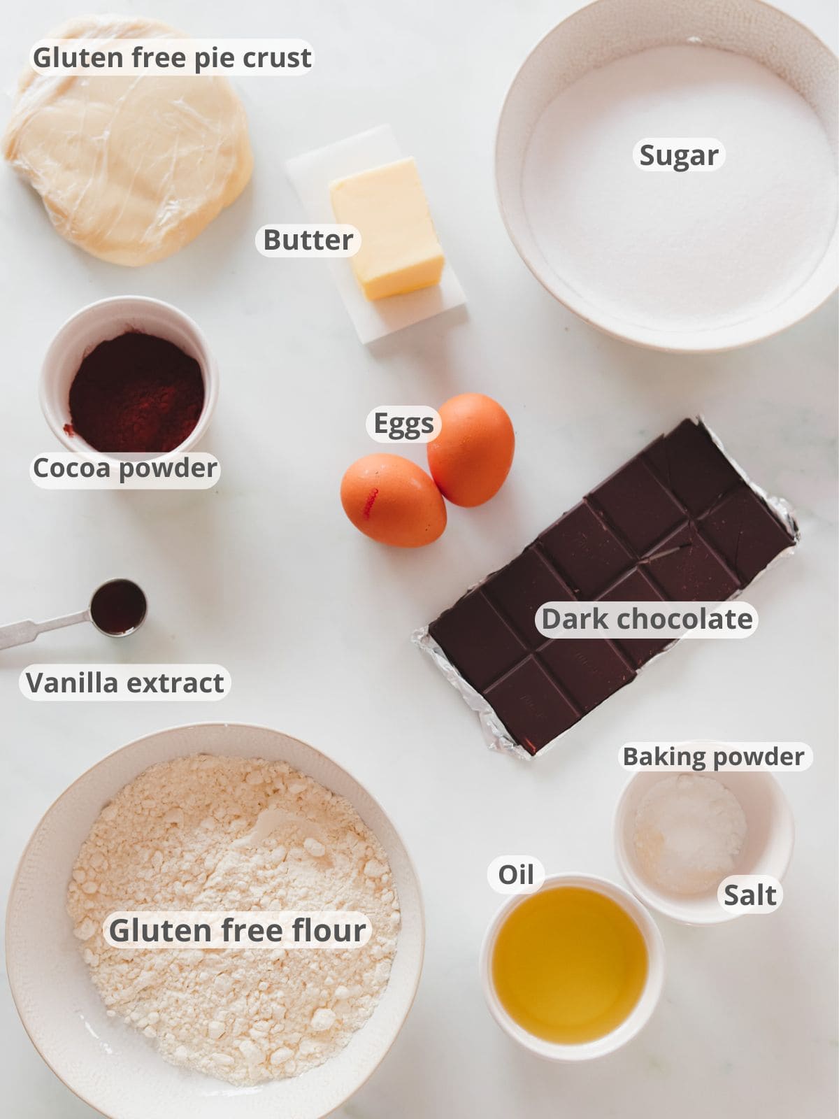 Labeled ingredients for gluten free brownie pie recipe.