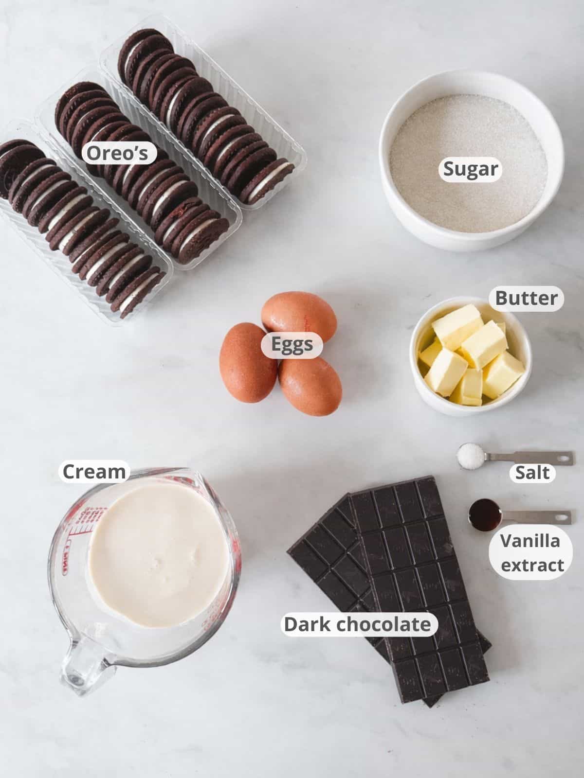Labeled ingredients for french silk pie recipe.