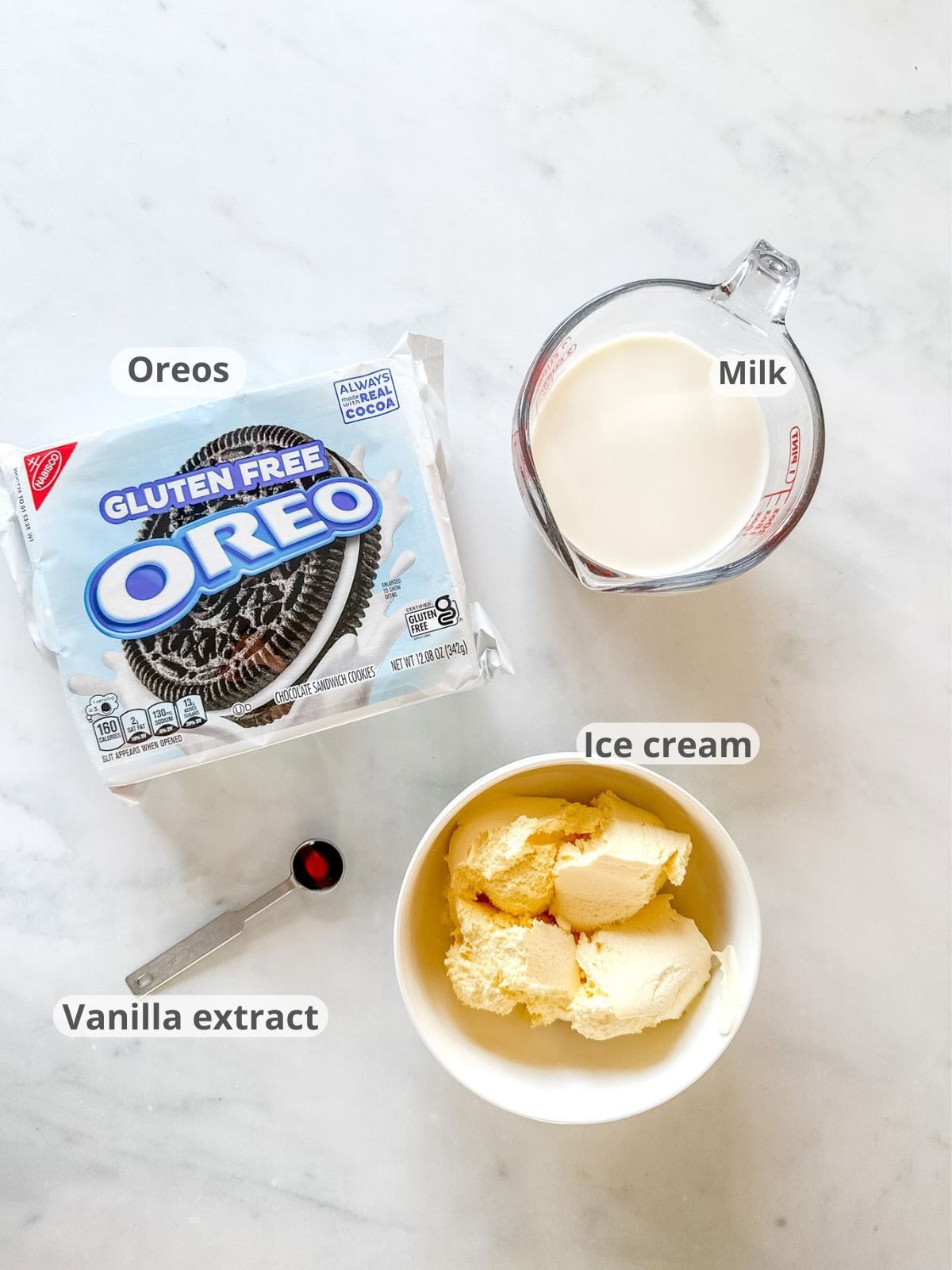 Images for ingredients to make a cookies and cream milkshake.