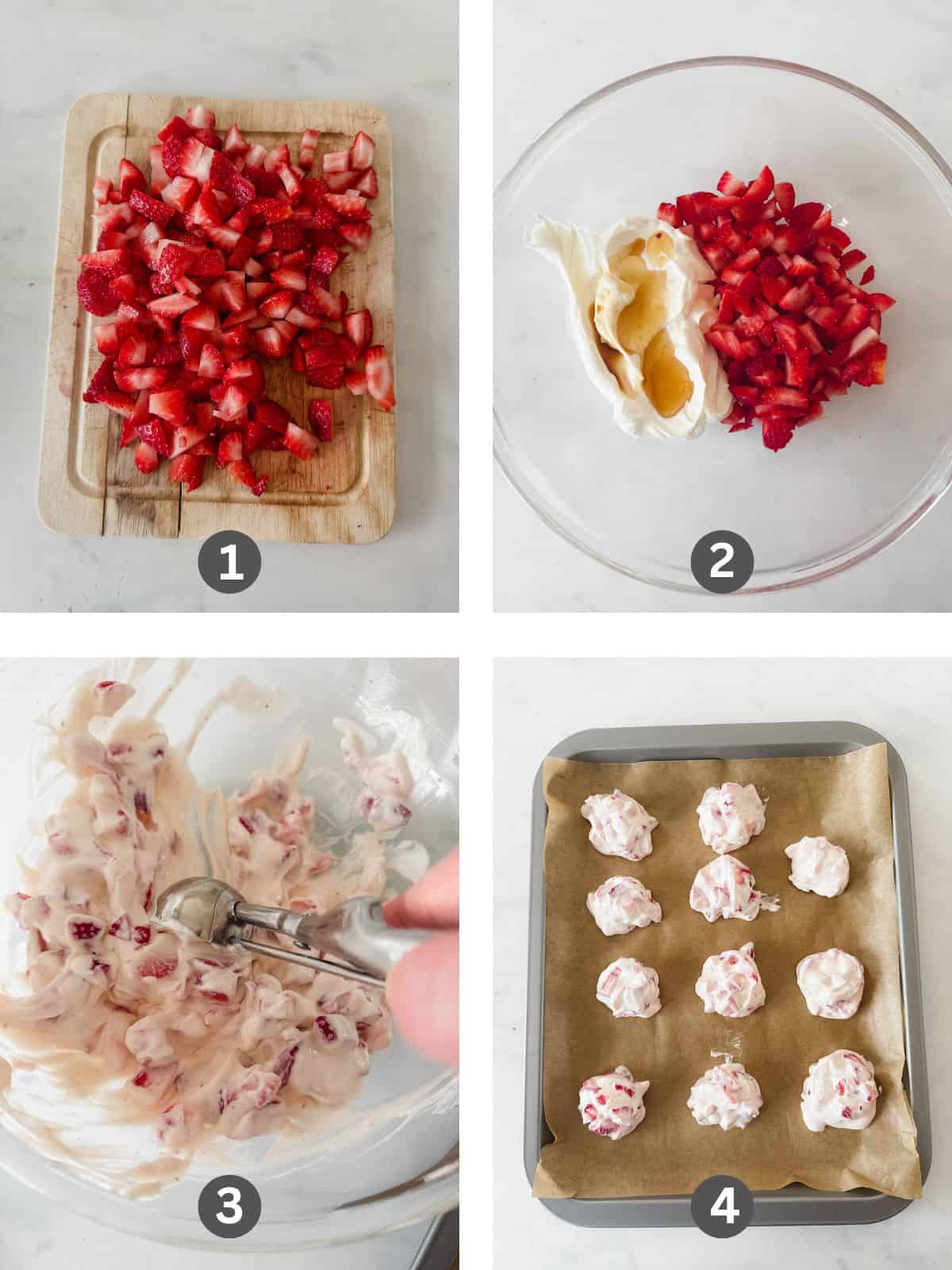 Four images of how to make strawberry clusters.