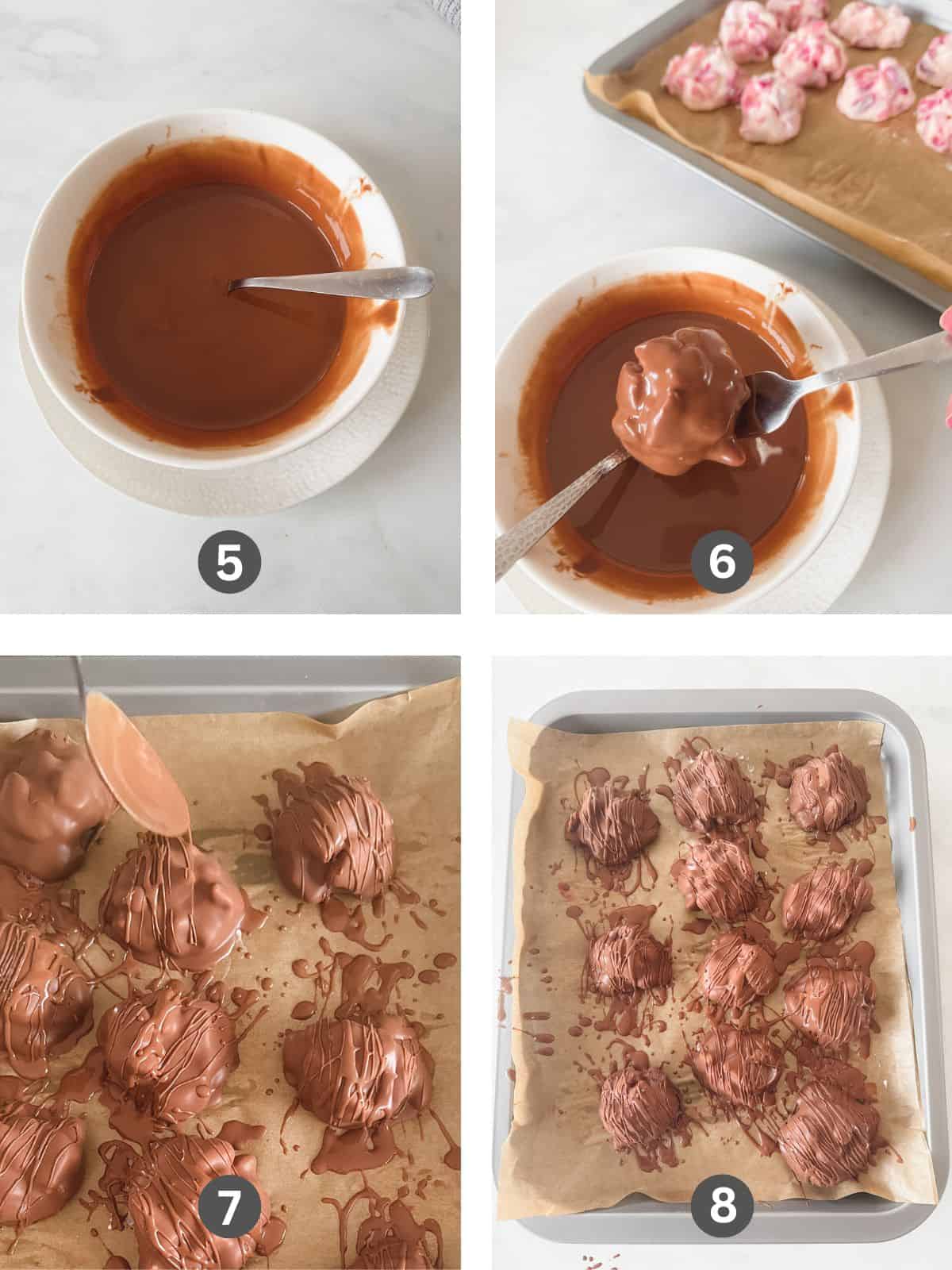 Dipping frozen strawberry clusters into melted chocolate.