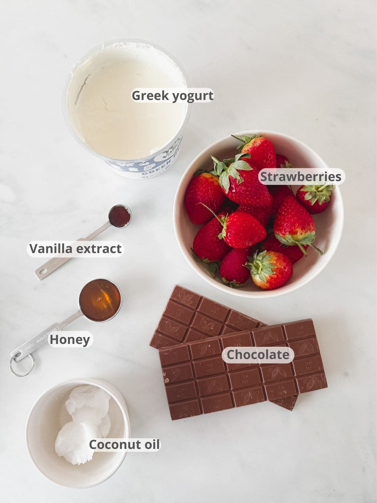 Overhead image of ingredients for the strawberry clusters recipe.