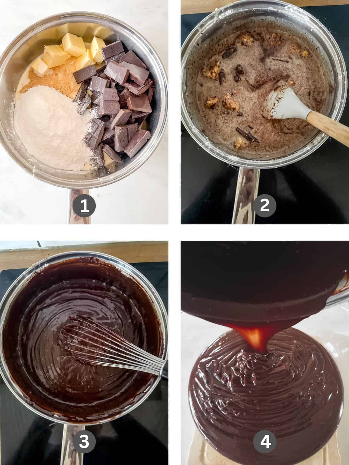 Four images on how to make chocolate fudge frosting.