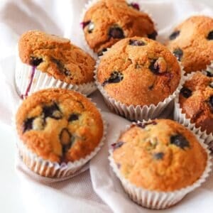 Close-up of gluten free blueberry muffins on a white background.