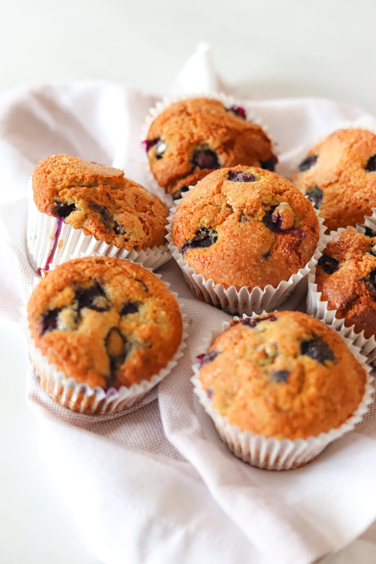 Close-up of gluten free blueberry muffins on a white background.