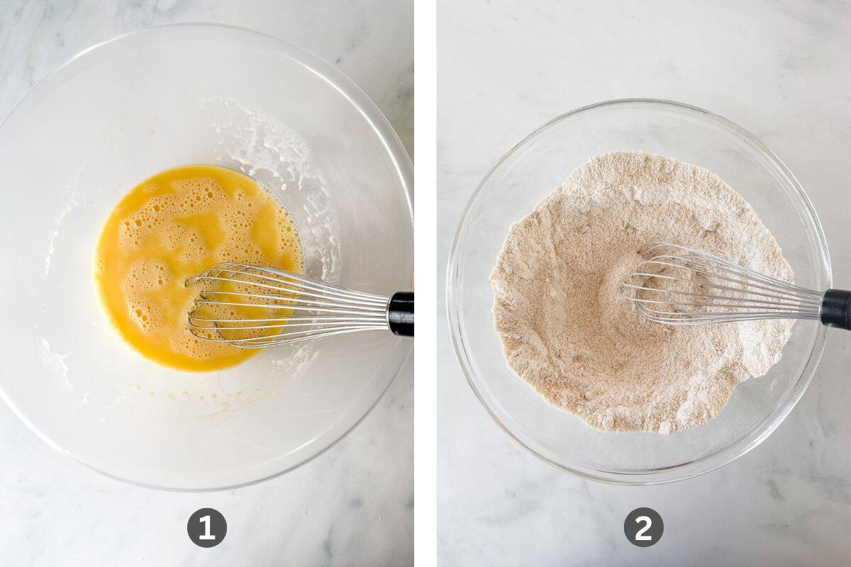Eggs and flour in a glass bowl.