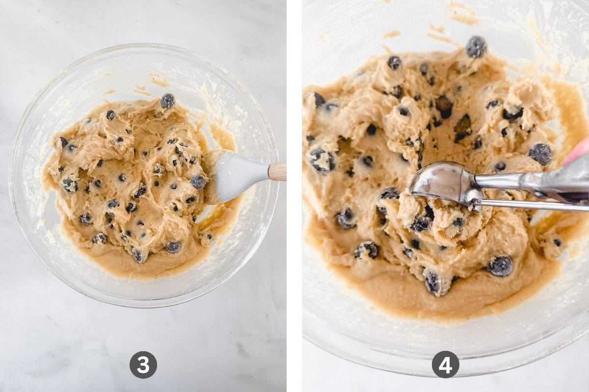 Blueberry muffin batter in a glass bowl.