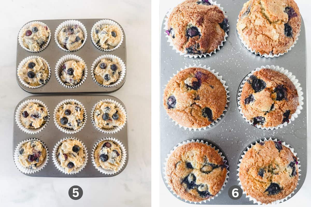 Two images of blueberry muffins in a muffin pan, before and after being baked.