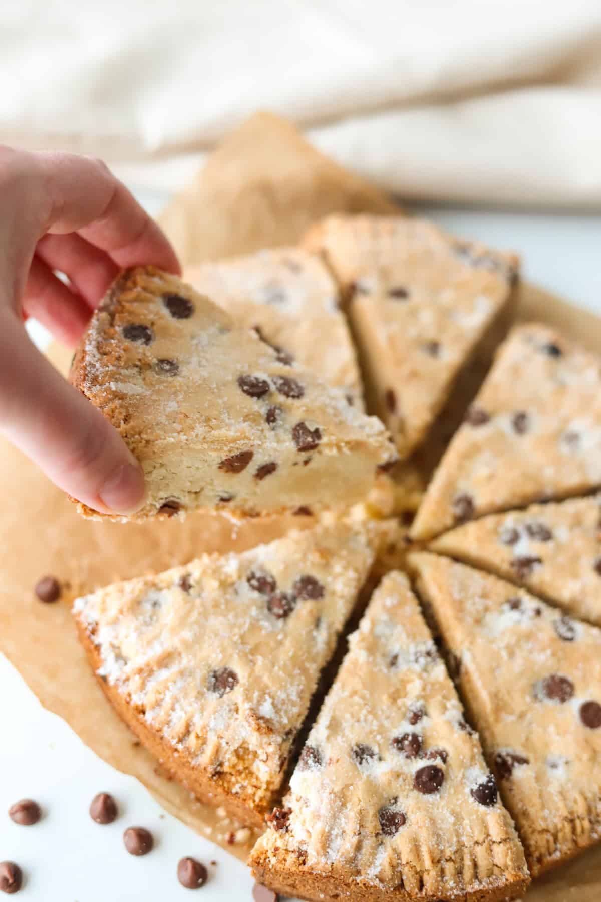 A hand removing a slice of shortbread.
