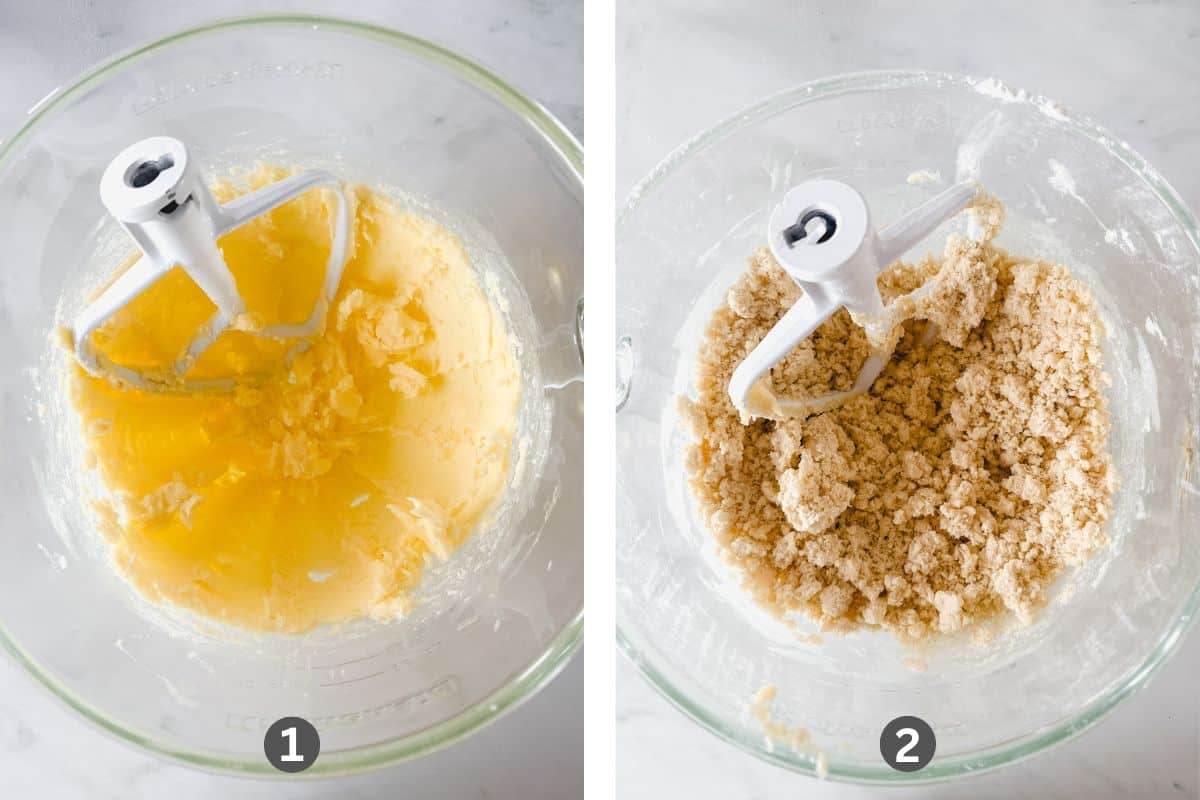 Butter and sugar are creamed together in a glass bowl.