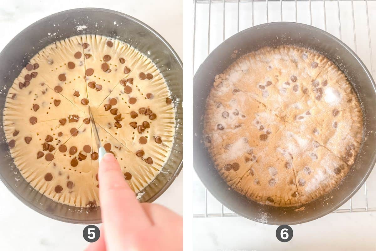 Two images of gluten-free chocolate chip shortbread before and after baking.