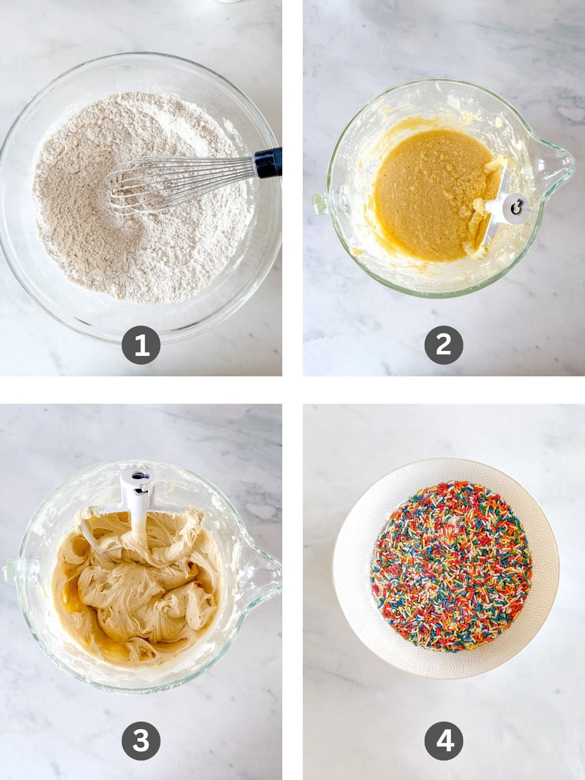 Four images of the recipe steps for a gluten free funfetti cake.