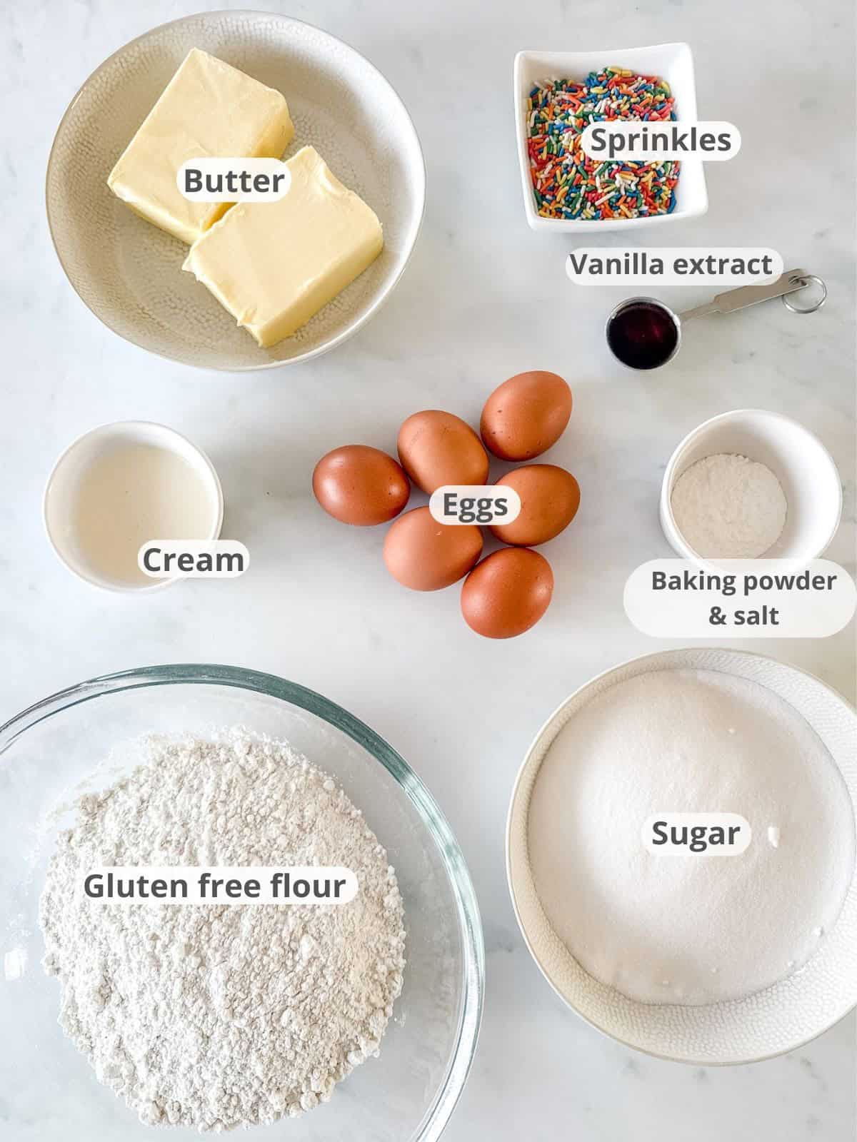 Labeled ingredients for a gluten free birthday cake recipe.