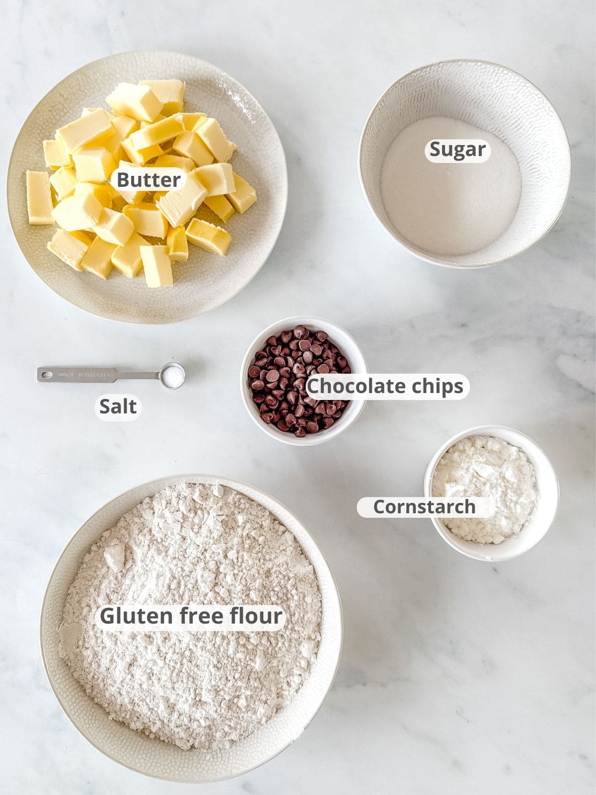 Labelled ingredients for gluten free chocolate chip shortbread recipe.