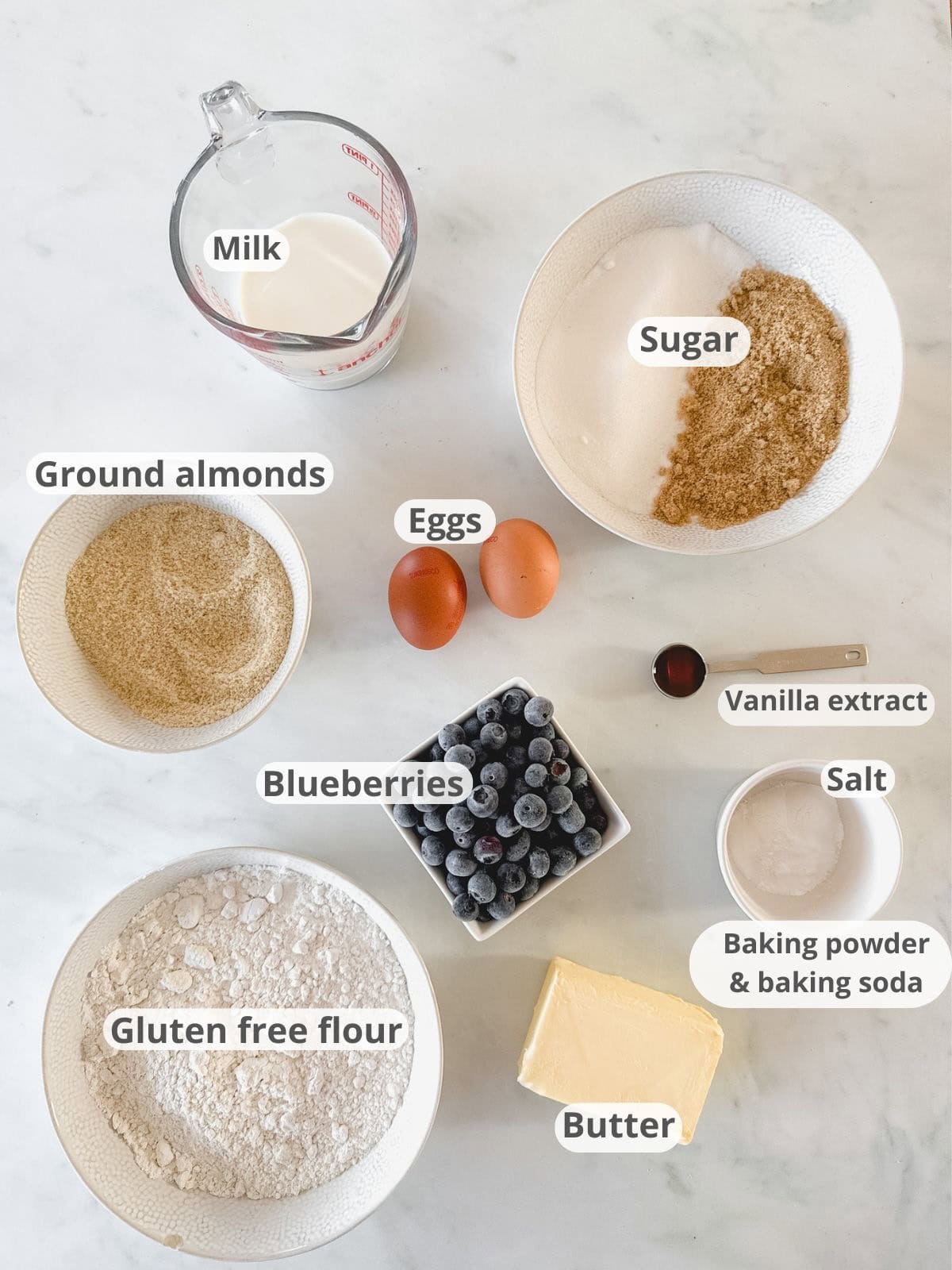Labeled ingredients for gluten free blueberry muffins recipe.