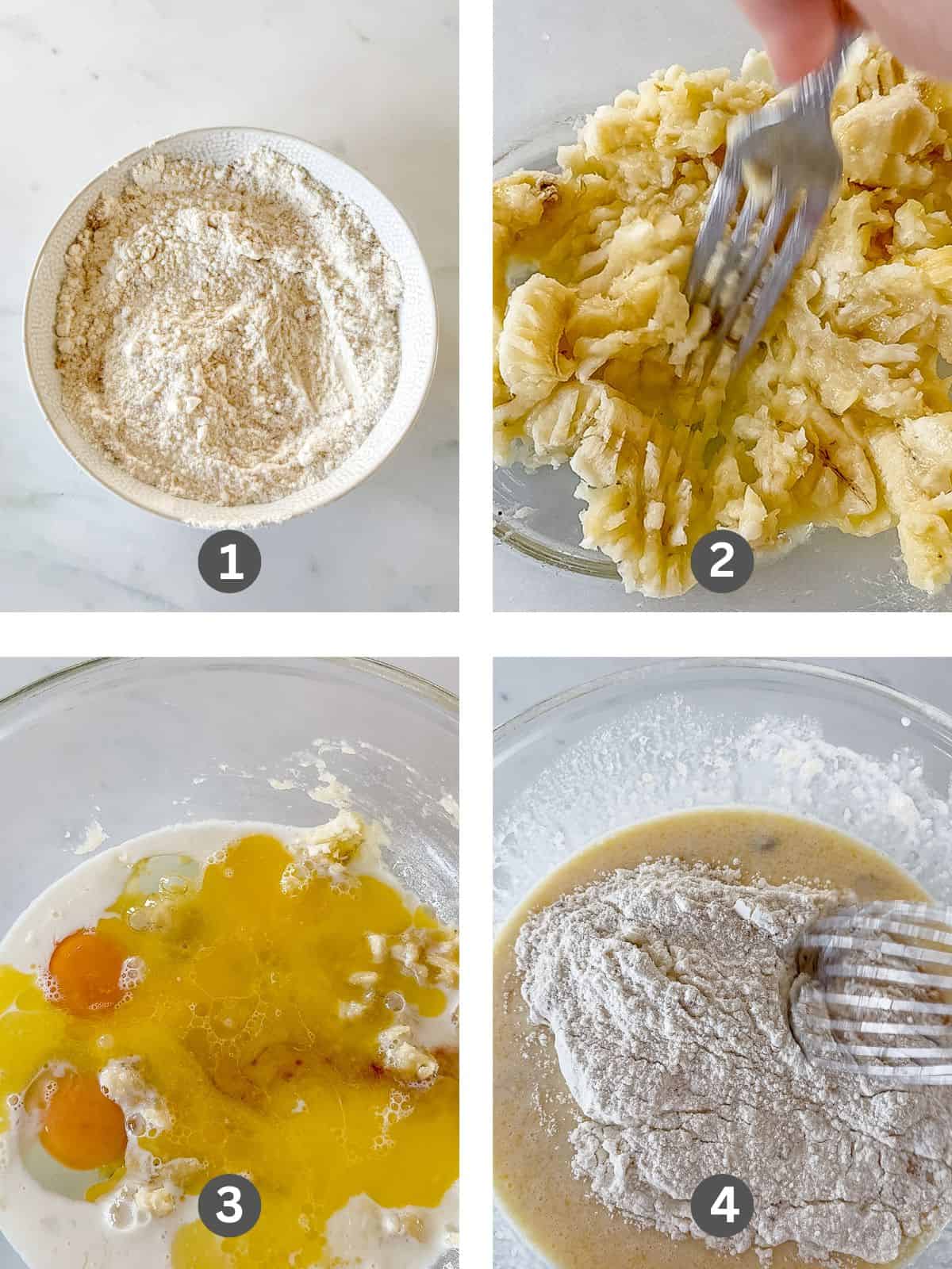 Four images of the recipe steps for mixing ingredients for gluten free banana pancakes.