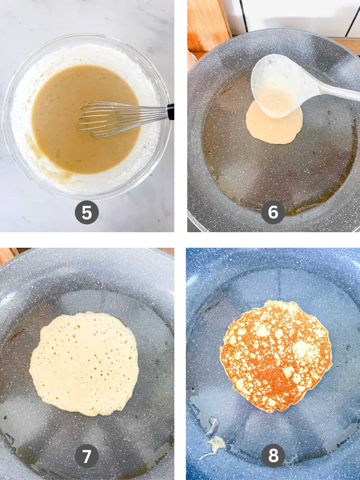 Four images of frying pancakes.