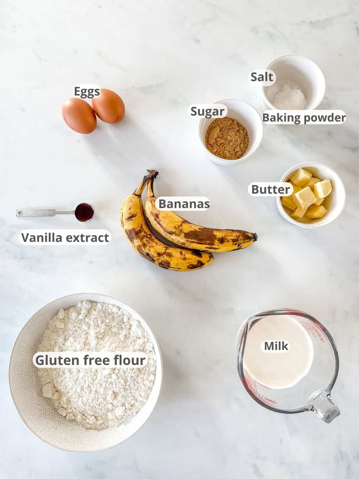 Image of labeled ingredients for banana pancakes recipe.