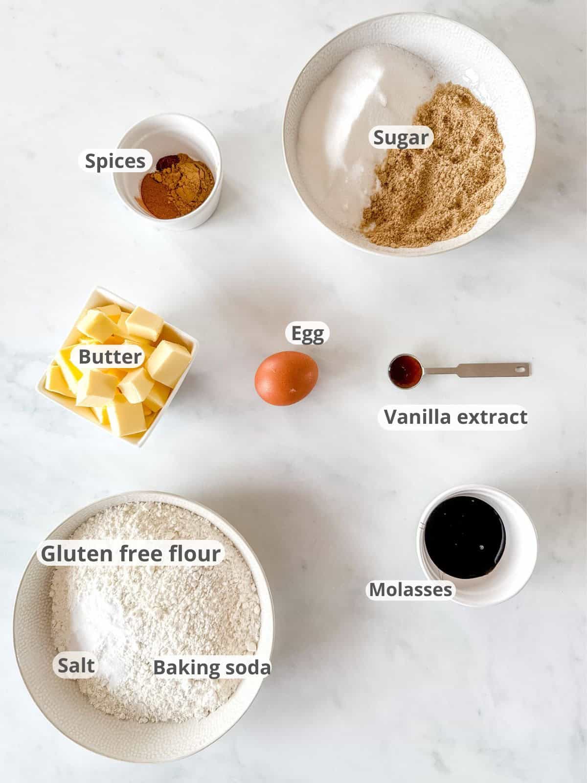 Labeled ingredients for gluten-free gingersnaps recipe.