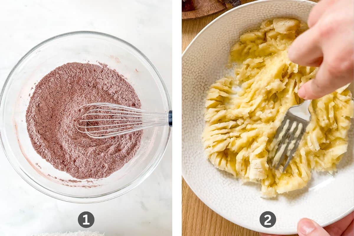 Two images side by side. One of the dry ingredients in a glass bowl and the other of mashing bananas in a white bowl.
