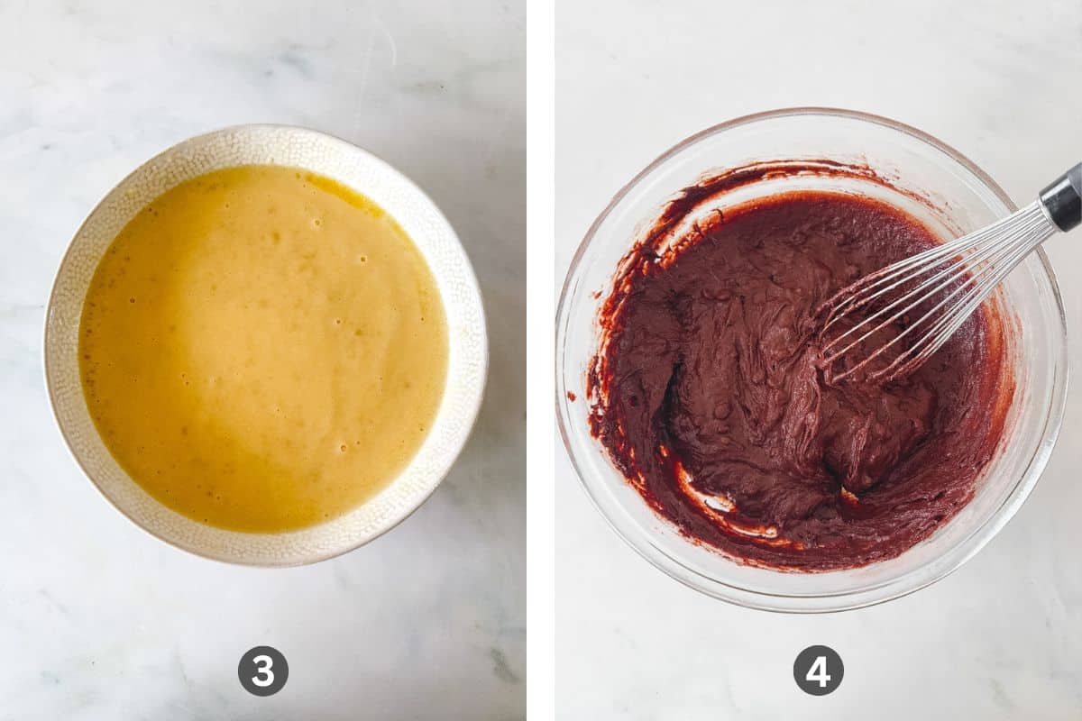 Two images of combining the dry ingredients and the wet ingredients together.